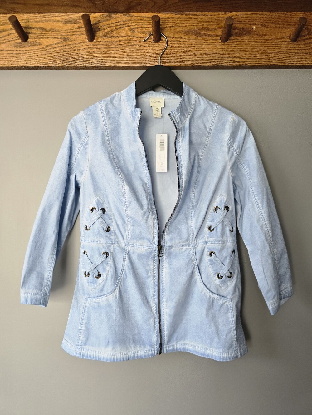 NWT Zenergy By Chico's Washed Denim-look Jacket with Lace-Up Detail